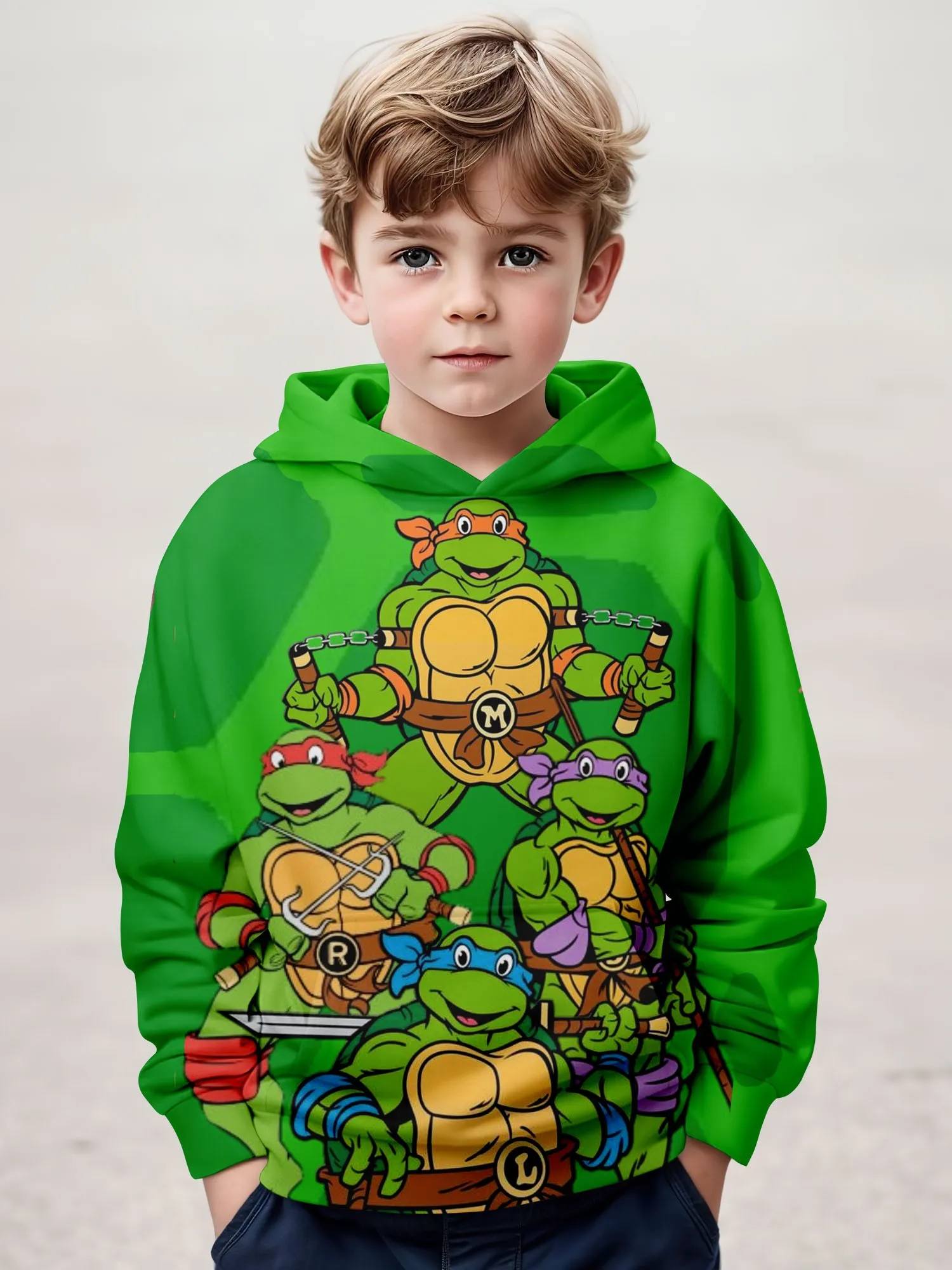 3D Printed Ninja Turtle Pattern Children's Long Sleeved Hooded Sweatshirt With Pockets for Boys' Outdoor Sports and Leisure Top