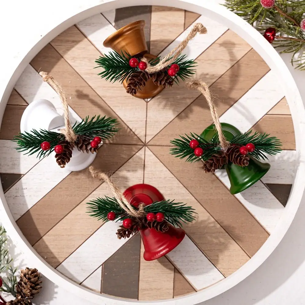 الحديد عيد الميلاد جرس قلادة مزدوجة القرن متعدد الألوان شجرة عيد الميلاد المعلقات يدويا التوت يترك زينة شجرة عيد الميلاد