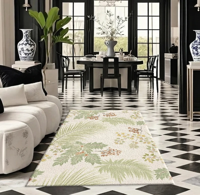 Green Tropical Palm Leaf Floral Carpet, Linen Texture, Plant Pattern Seamless Print Square Rug, Suitable for Bohemian Style Home Decor