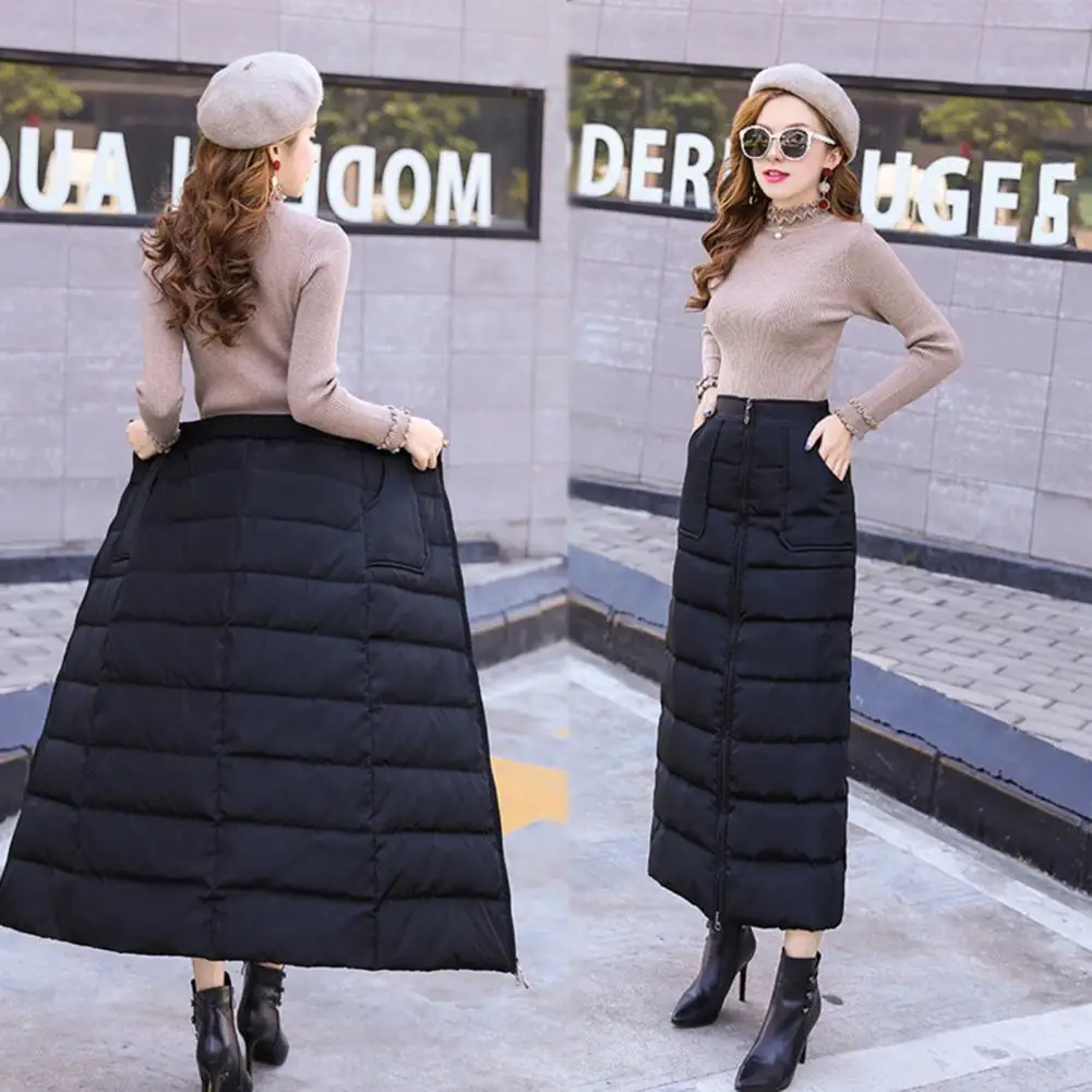 

Winter Women Down Cotton Skirt Thick Padded High Waist Zipper Closure Solid Pockets Soft Ankle Length Lady Down Maxi Skirt 2026