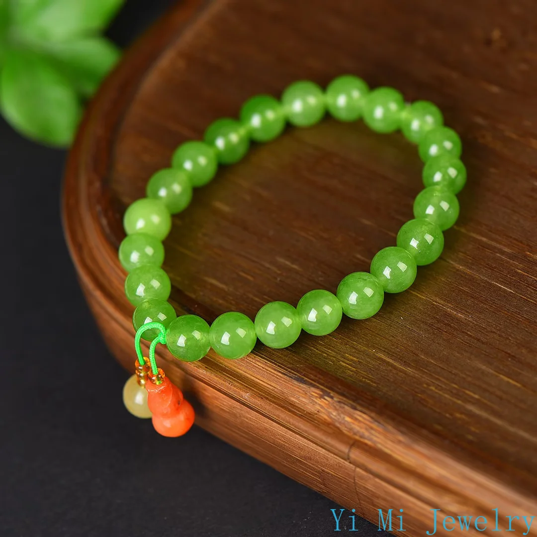 Natural Elastic Rope Green Jade Bracelet DIY Women's Round Bead Single Circle Tassel Fashionable Charm Jewelry Bracelet