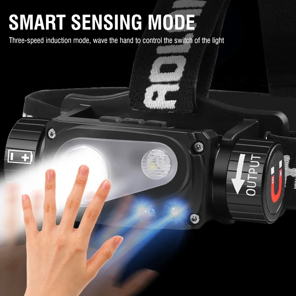 BORUiT 1000LM XHP50 LED Motion Sensor Headlamp Type-C Rechargeable Power Bnak Headlight with Magnet Camping Head Torch
