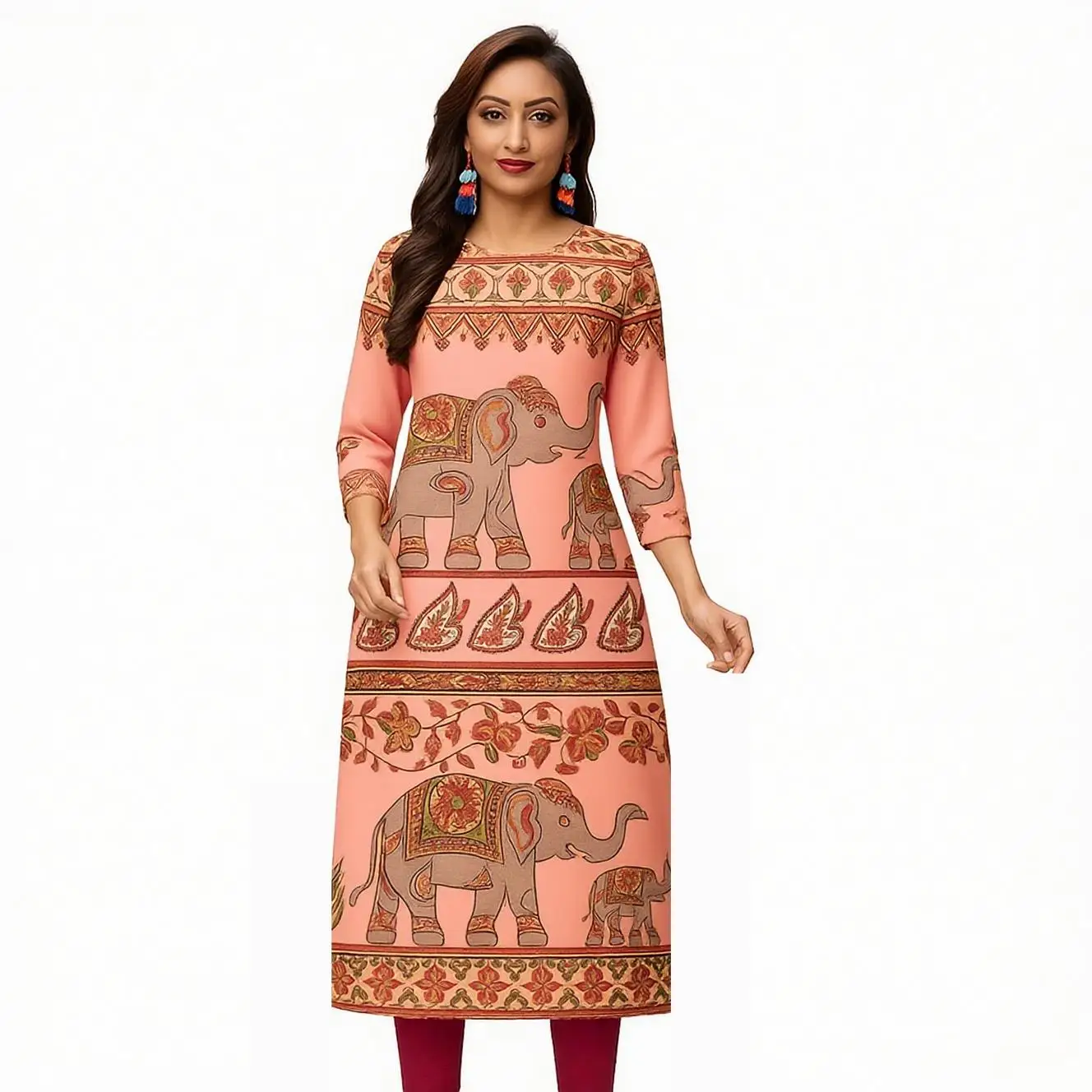 เดรสลำลองแฟชั่นผู้หญิง แขนยาว ทรงตรง สไตล์ชาติพันธุ์ คอกลม ไซส์ปกติ สินค้าใหม่ 2026