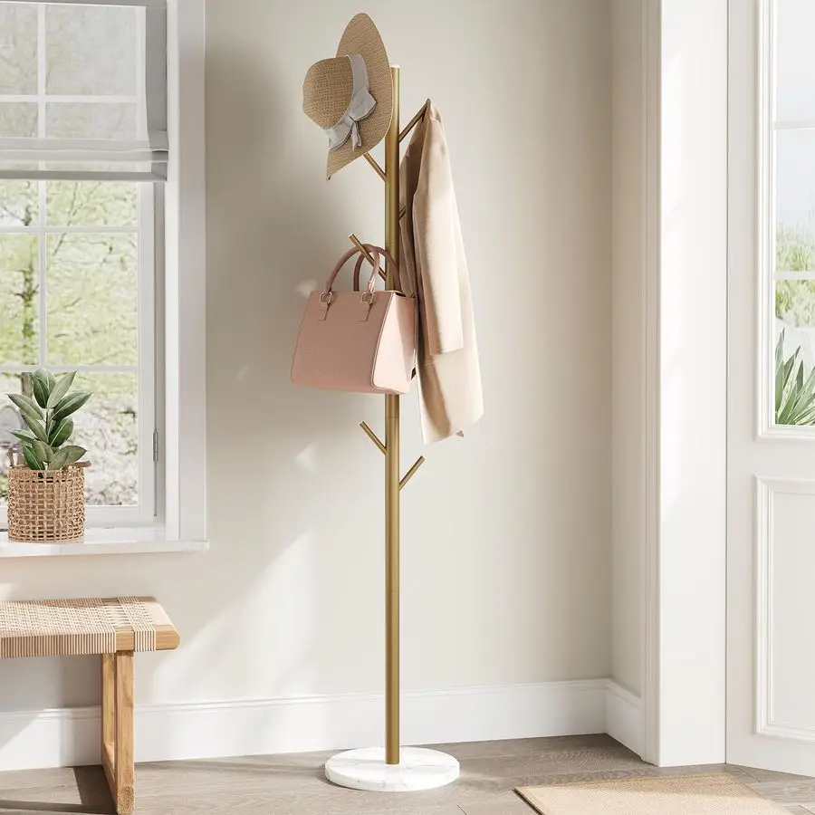 

Напольная вешалка для одежды с основанием из натурального мрамора, металлическая стойка для одежды с 10 крючками, 3 регулируемых по размеру вешалки для сумок и одежды