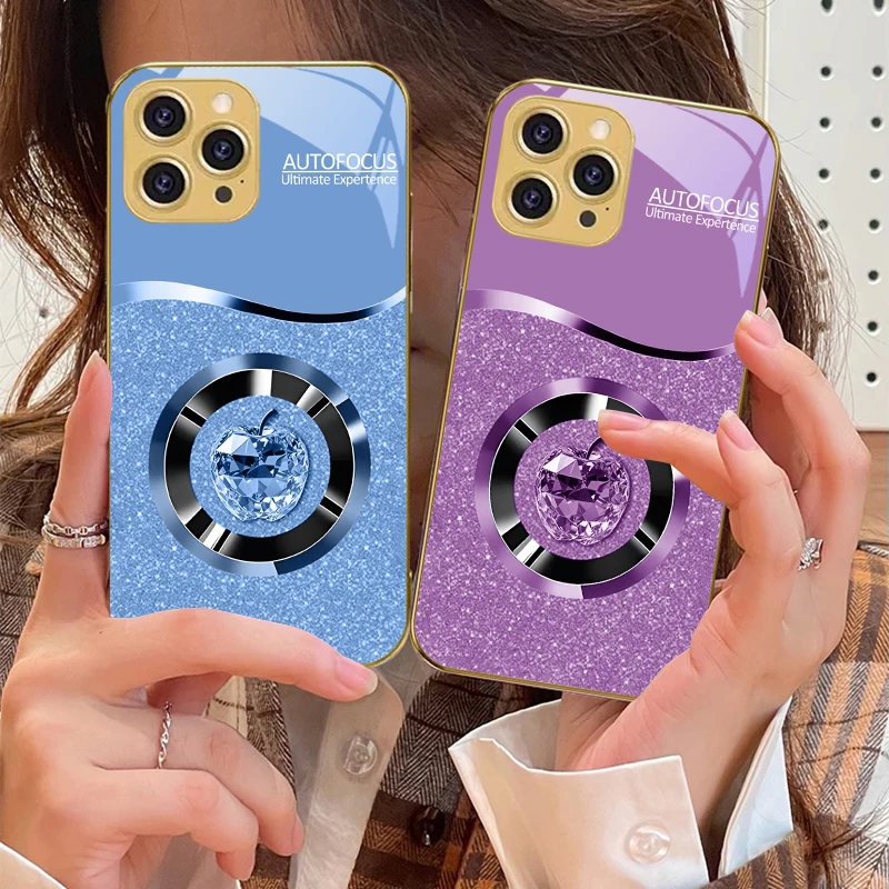 Crystal Purple For iPhone 16 16Pro Max 15 Pro 14 13 Plus 12 Mini 11Pro Max XS Max XR Golden Tempered Glass Phone Case