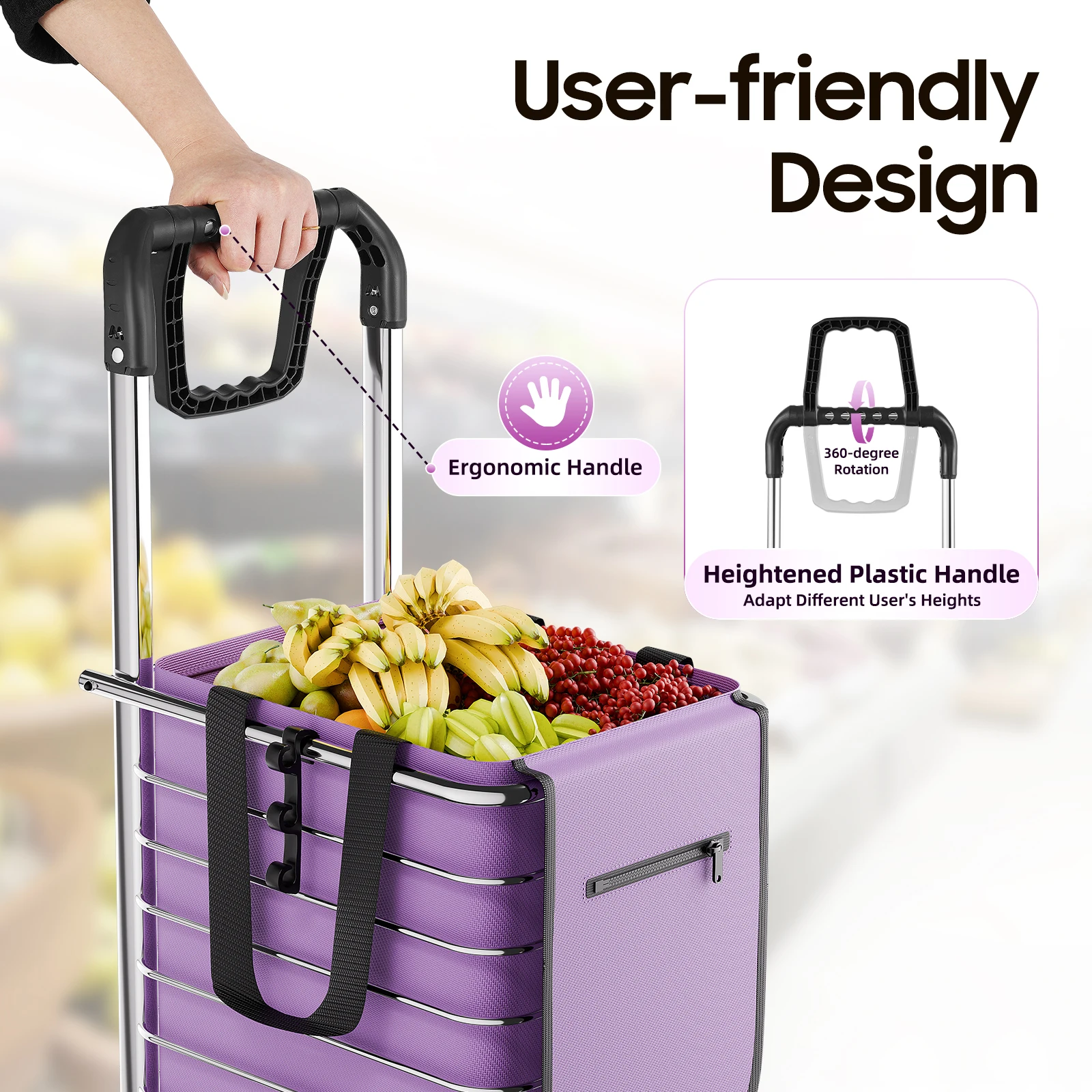 Purple Folding Shopping Cart 360-Degree Rotation Portable Storage Tool Large Capacity Waterproof Oxford Shopping Bag with 2 Hook