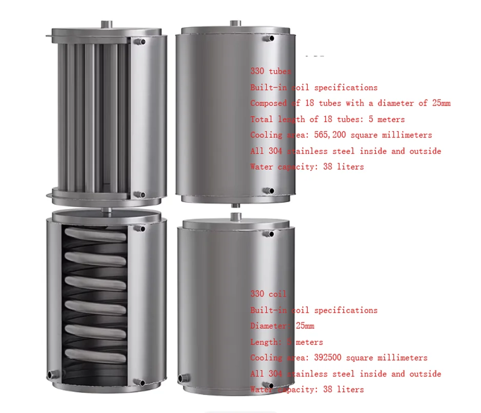 304 Stainless Steel 38L Coil Cooler 330*450mm Heat Exchanger Tube Array Cold And Hot Water Distilling Equipment