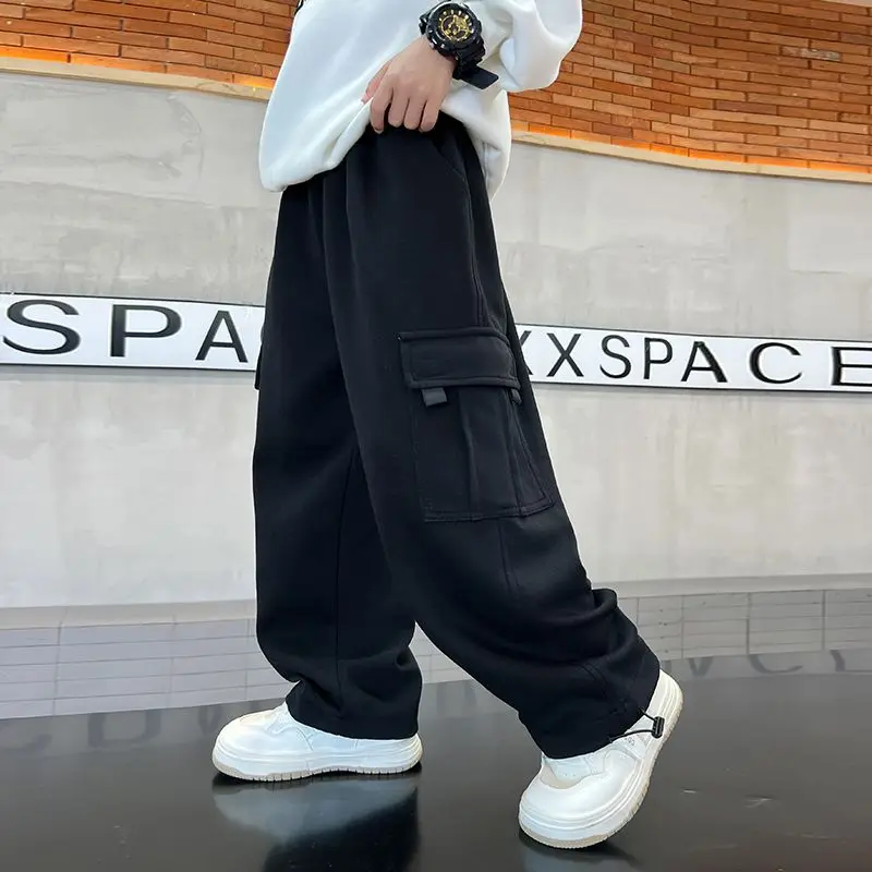 2025 New Boys Autumn Winter Fleece-Lined Sports Cargo Pants, Big Boy Streetwear Trends, Warmth & Comfort