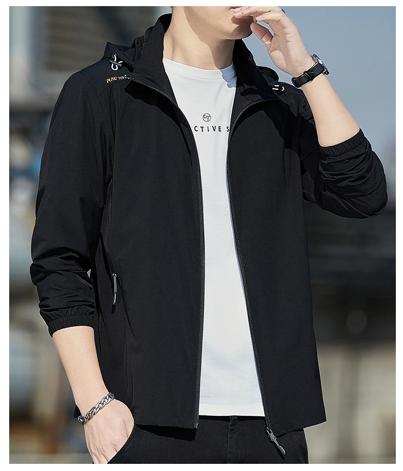 Men Blue Hooded Windbreaker Jacket Full Zip Multi Pockets Mesh Lined Loose Fit Outdoor Casual Coat
