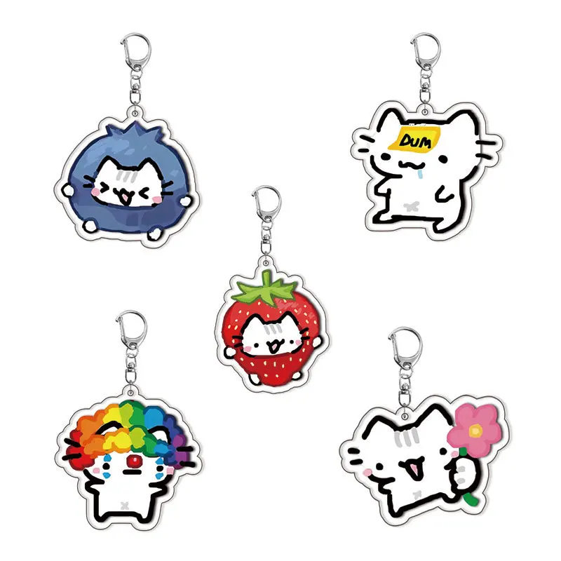 Kawaii Strawberry Joker Cat Acrylic Double Layer Anime Keychain Accessories Bag Key Chain Ring Jewelry Fans Friends Gifts