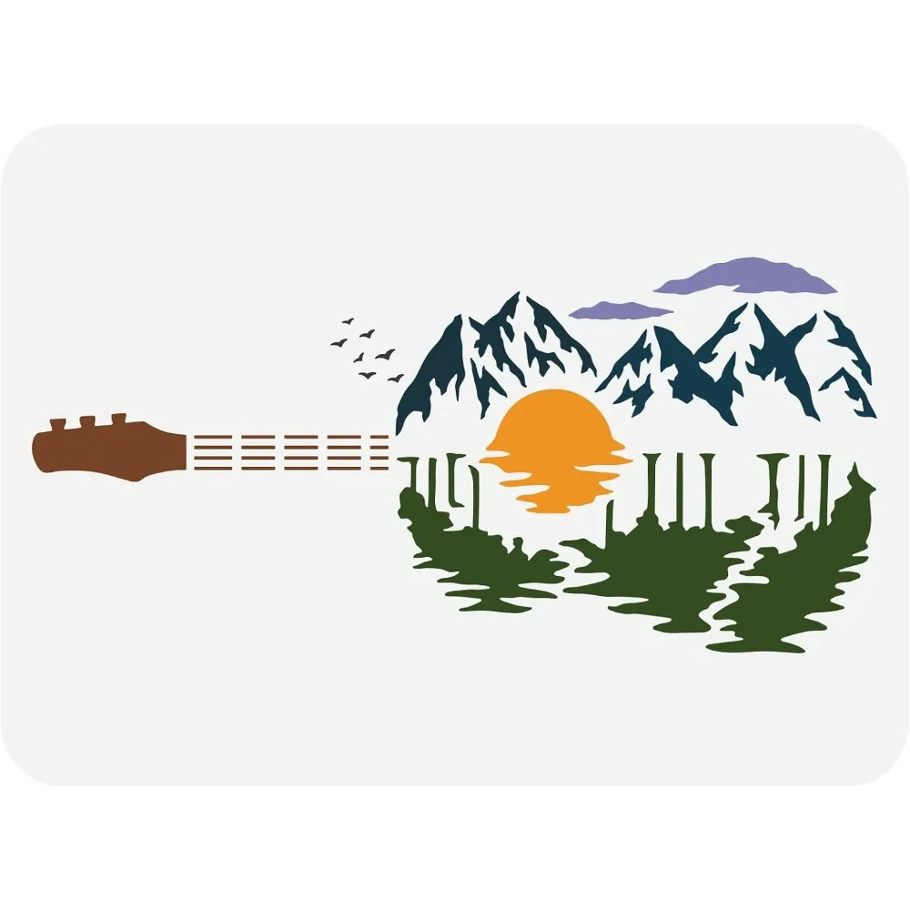 Guitar Sunset Stencil 11.7x8.3 inch Hollow Out Mountains Lakes Painting Stencil Flying Birds Clouds Craft Stencils Reusable