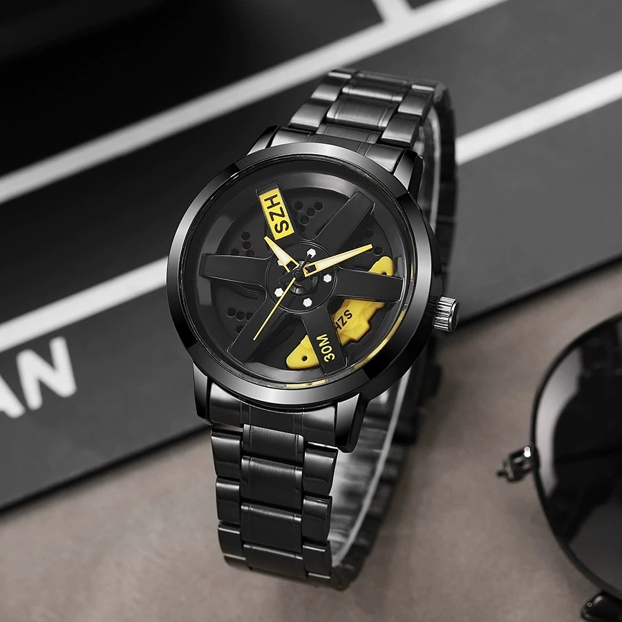 

New Fashion Man Rotate Watches Men's Car Wheel Hub Stainless Steel Quartz Watch Mens Military Sports Hollow Watch Reloj Hombre