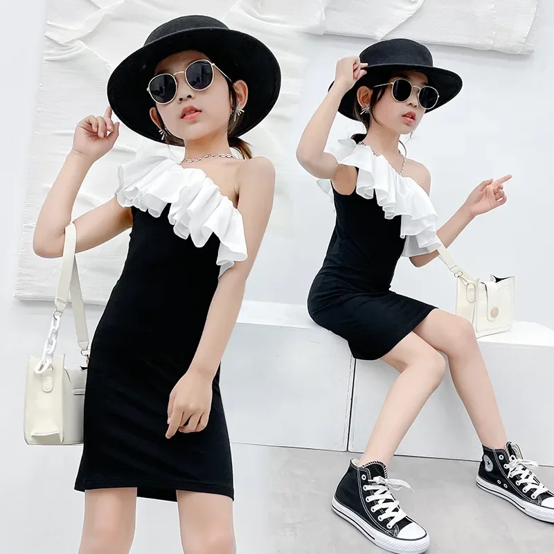 

2024 New Girls Princess Dress White Black One Shoulder Girl Dress Baby Party Gown Kids Sheath Evening Dress for Girls 2-16Years