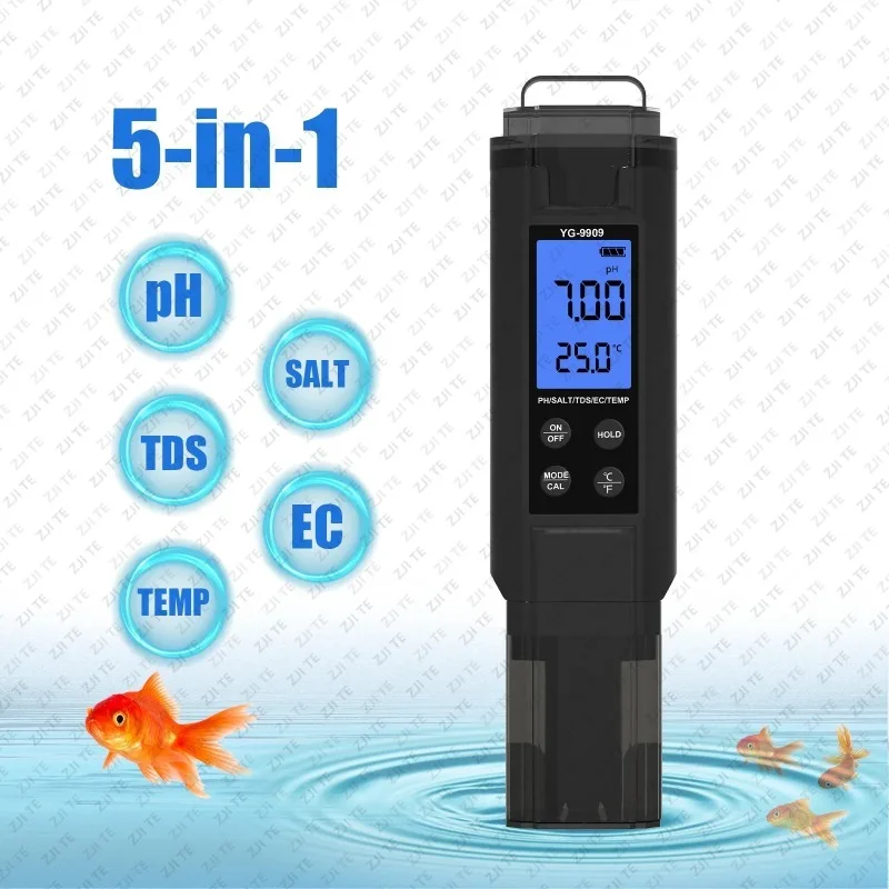 YG-9909 Измеритель солености и pH 5-в-1, высокоточный, с разрешением 0.01, для измерения EC, TDS, температуры воды, PPM, для аквариумов, гидропоники, бассейнов