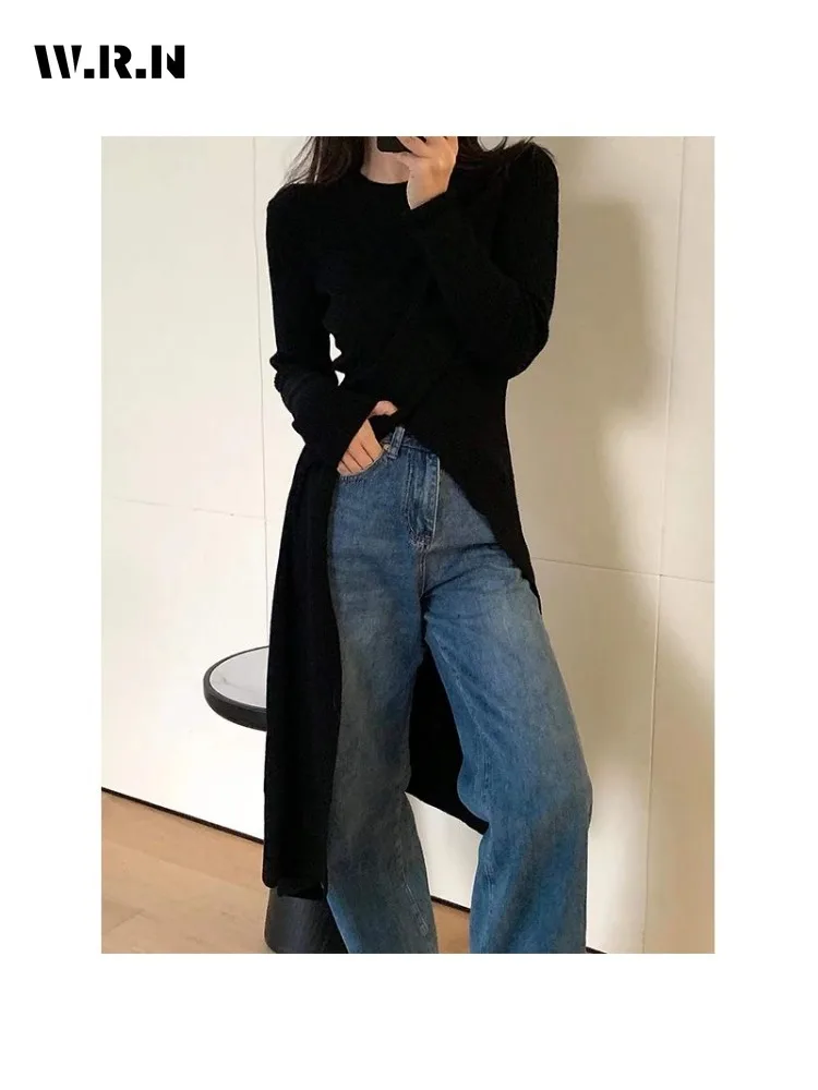 

Повседневные длинные однотонные асимметричные футболки с длинными рукавами X-длинные зимние женские футболки оригинального дизайна 2025 года, модные стильные футболки, черные топы