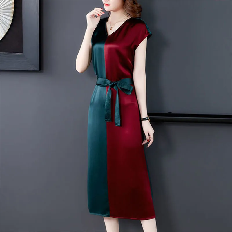 

Summer Woman Satin Midi Dress Diagonal Collar Short Sleeve Bandage Split Loose Elegant Female Fashion Casual A-line Dresses 2022