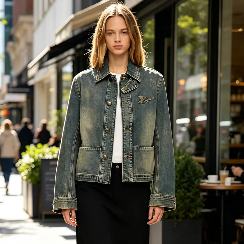 3. Womens Casual Short Denim Coat Vintage Washed Embroidery Decor Long Sleeve Button Front Pocket Street Style Jacket