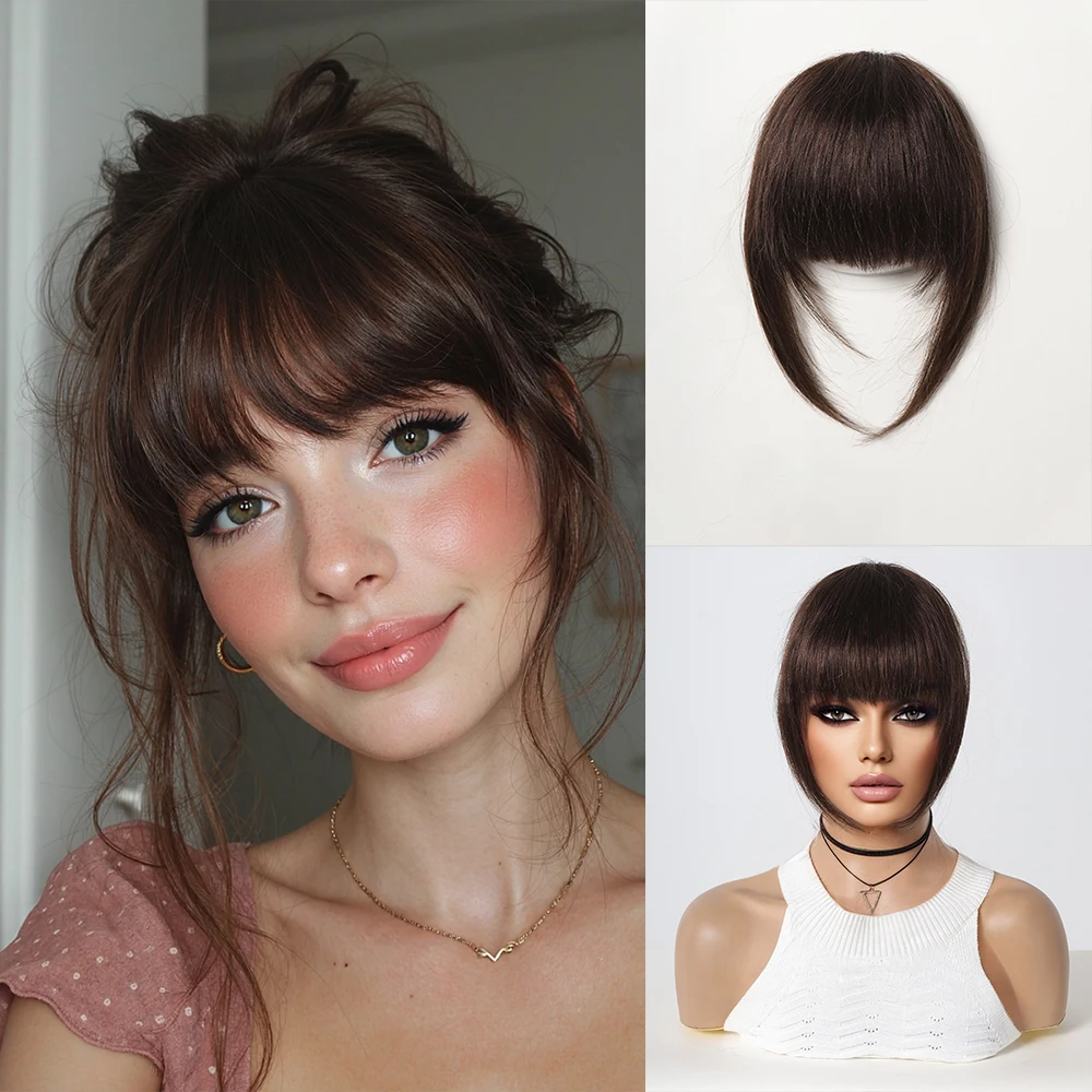 Clip in Bangs 100% Human Natural Black Brown Hair Bangs French Hair Bangs with Temples Clip on Fringe Hairpieces for Women