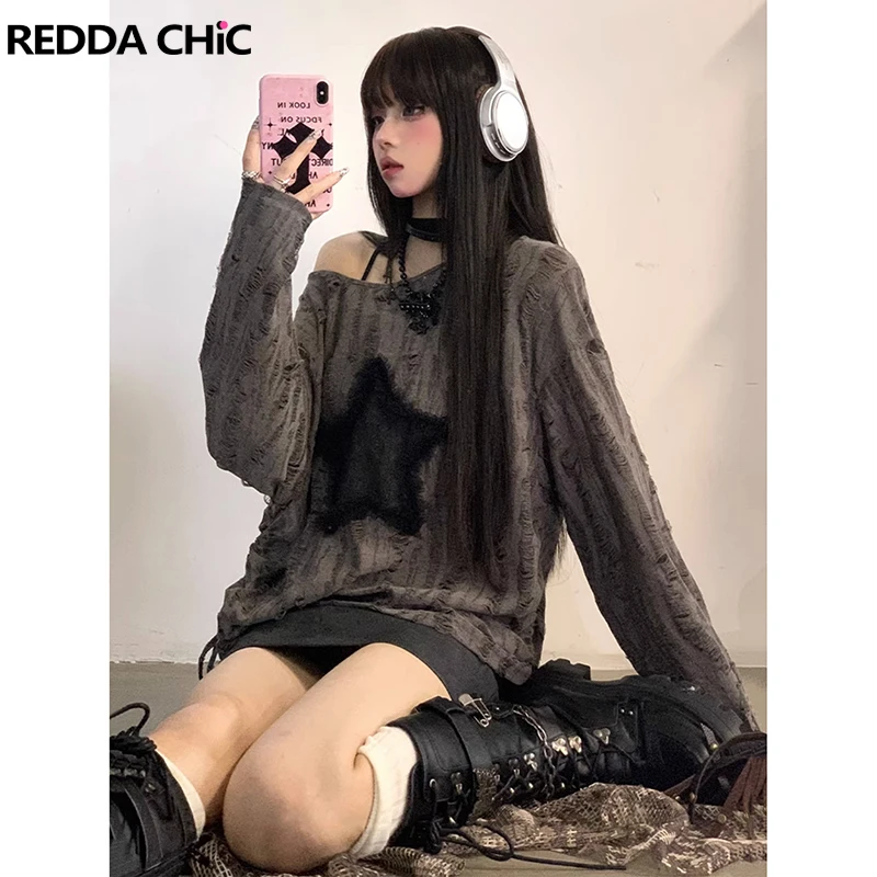 REDDACHiC Acubi Fashion Long Sleeves Y2k Top Halloween Destroyed Stitch Star Drawstring Graphic Tee Shirt Goth Women Pullover