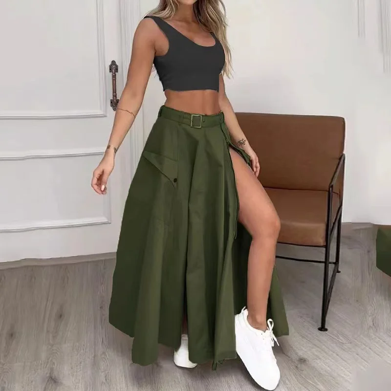 Mandylandy Elegant Skirts Sleeveless Vest Slit Belt Skirt Two-Piece Sets Outfits Women Summer Sexy Short Tank Tops Dress Sets