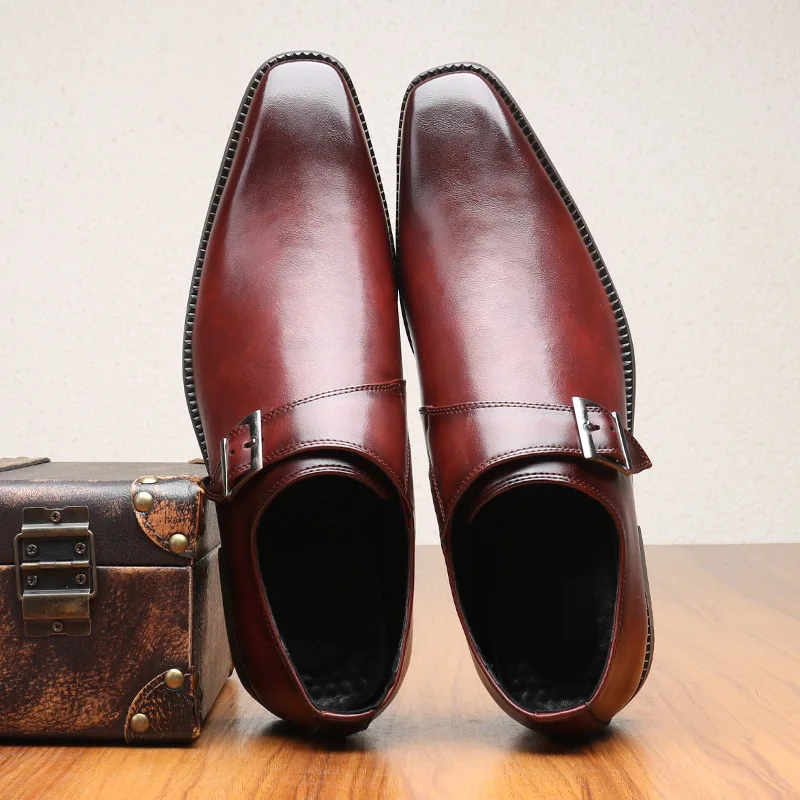 Brand Designer Mens Dress Shoes Classic PU Leather Buckle Monk Strap Brown Black Office Business Formal Shoes for Men