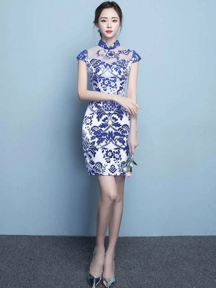 

Повседневная короткая юбка из фарфоровой ткани Цинхуа для похудения, вечерняя, для ведущих, женская, новая коллекция 2025 года, весенняя, с коротким рукавом