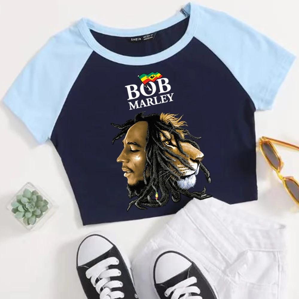 Bob Marley Crop Tops T-Shirt Girls Fashion Women O-Neck Short Sleeve Fans Gift T-shirt
