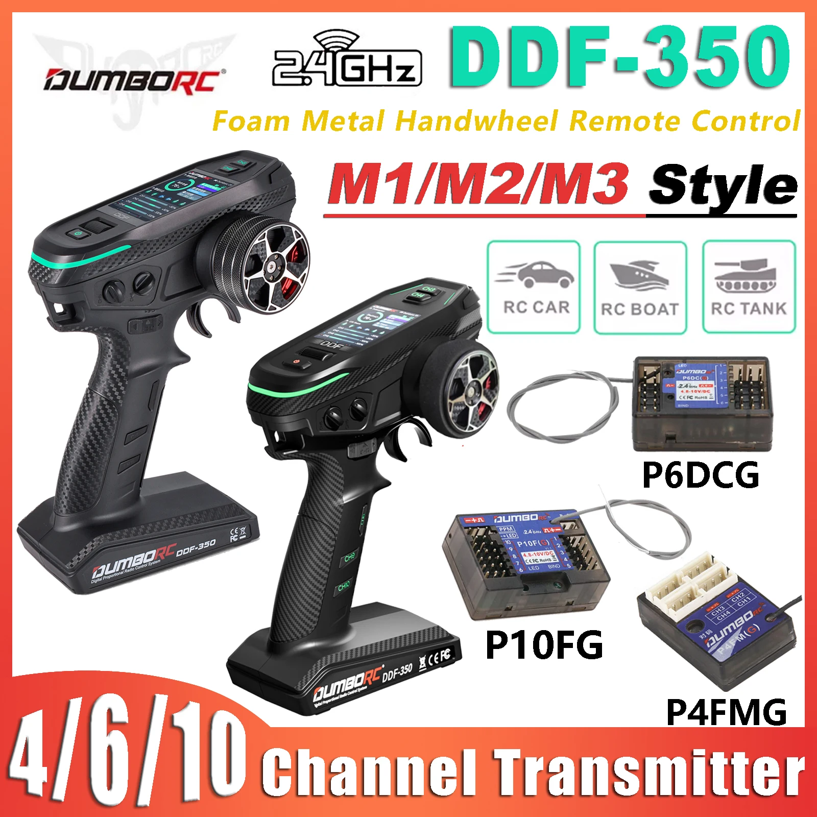 

DUMBORC 2.4G DDF-350 Remote Control M3 M2 M1 Metal Handwheel Transmitter 10/6/4 Channel 3-10V for RC Car Boat Tank Robot Parts