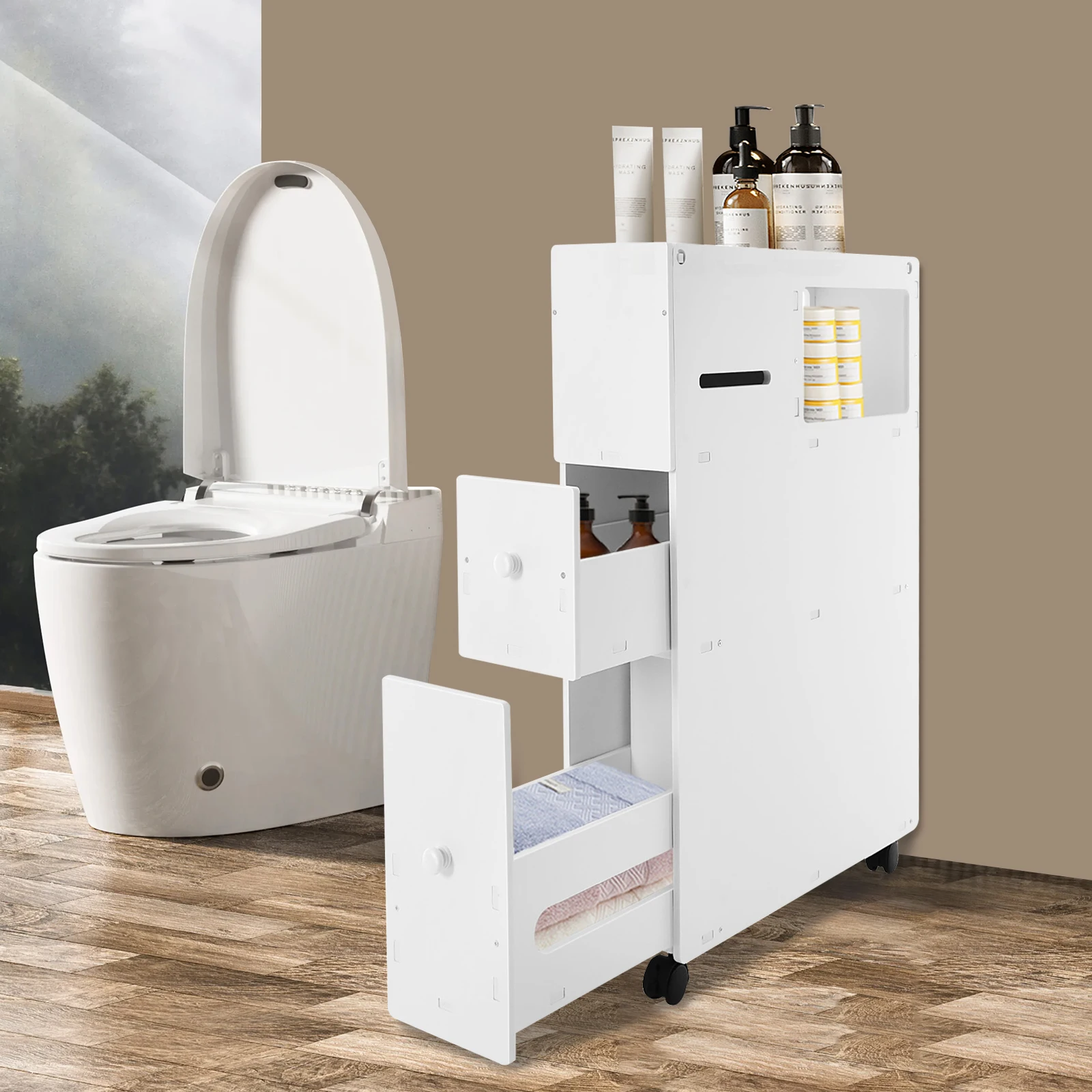 

Узкий напольный шкаф для ванной комнаты с ящиками, компактный несущий блок для хранения туалетных принадлежностей и полотенец весом 50 кг.