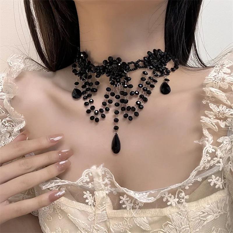 Necklace Women\'s Artificial Crystal Material Acrylic Handmade Beaded Court Vintage Woven Black Transparent Ribbon Tassel