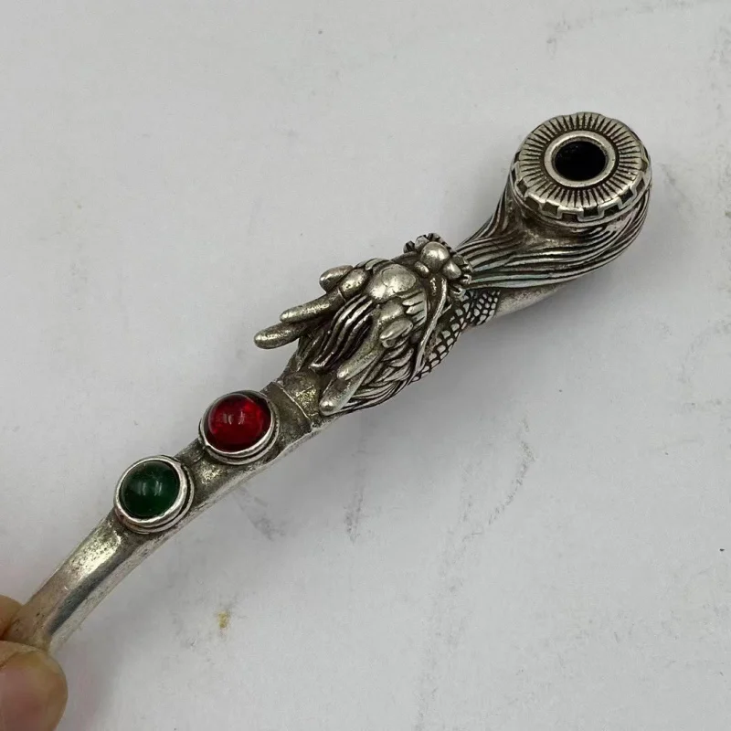 Vintage White Copper Silver-Plated Inlaid Gem Faucet Pipe Old-Fashioned Cigarette Holder Men's Curved Tobacco Filter Plaything