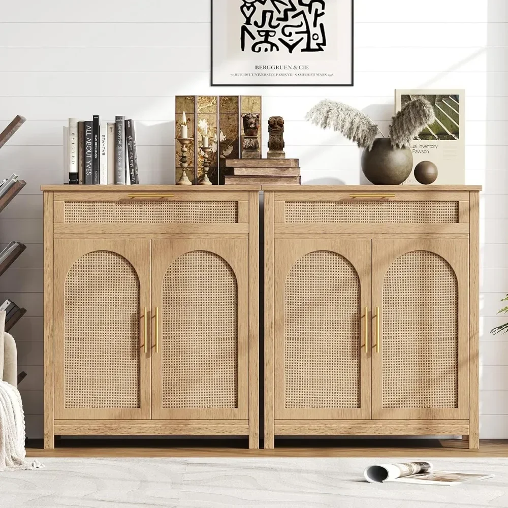 Sideboard Buffet Cabinet, Bathroom Storage Cabinets with Large Drawer, Set of 2 Rattan Accent Storage Cabinet