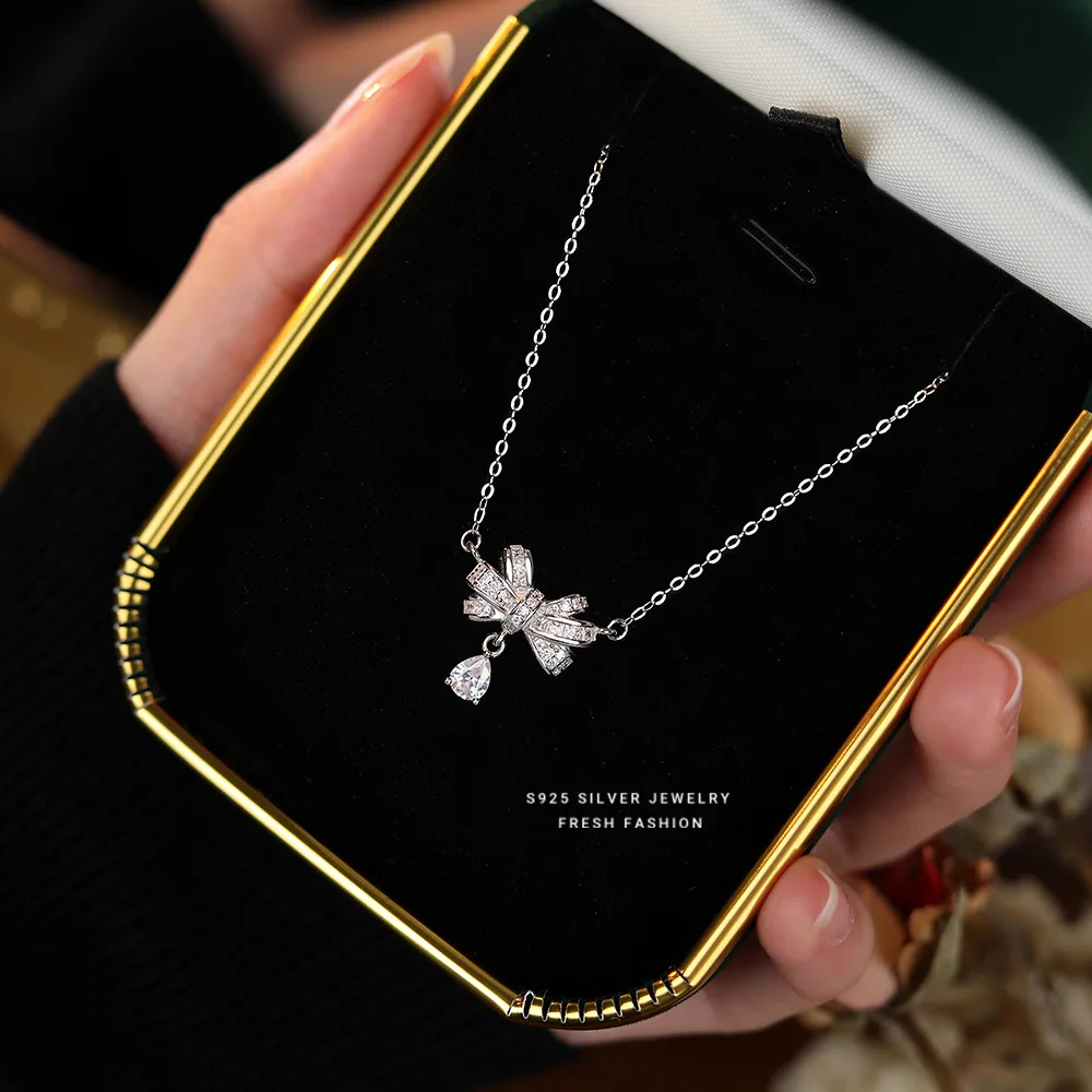 

925 Sterling Silver Water Drop Zircon Bow Pendant Necklace for Women High Quality Light Luxury Wedding Party Jewelry