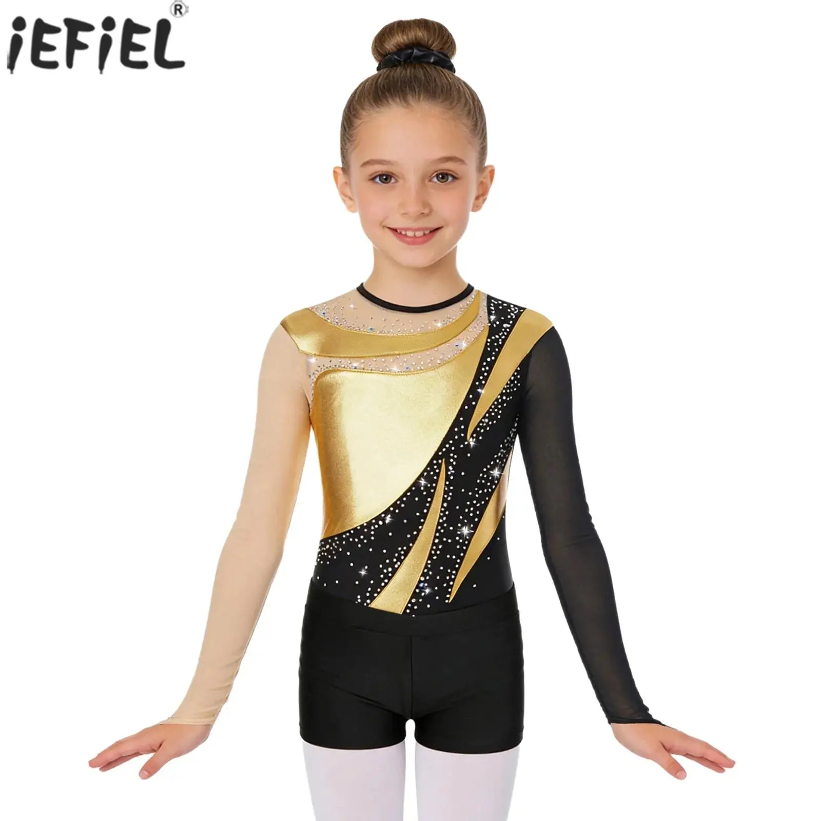 Mädchen-Gymnastik-Performance-Outfit, langärmliges Trikot aus Mesh mit Strass und Shorts, Haarband für Ballett, Tanz, Eiskunstlauf