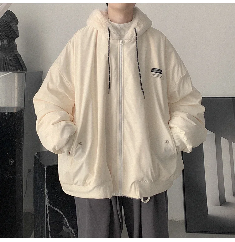 남성용 양면 양털 두꺼운 패딩 재킷, 겨울 단색 캐주얼 플리스, 따뜻한 후드 면 패딩 의류