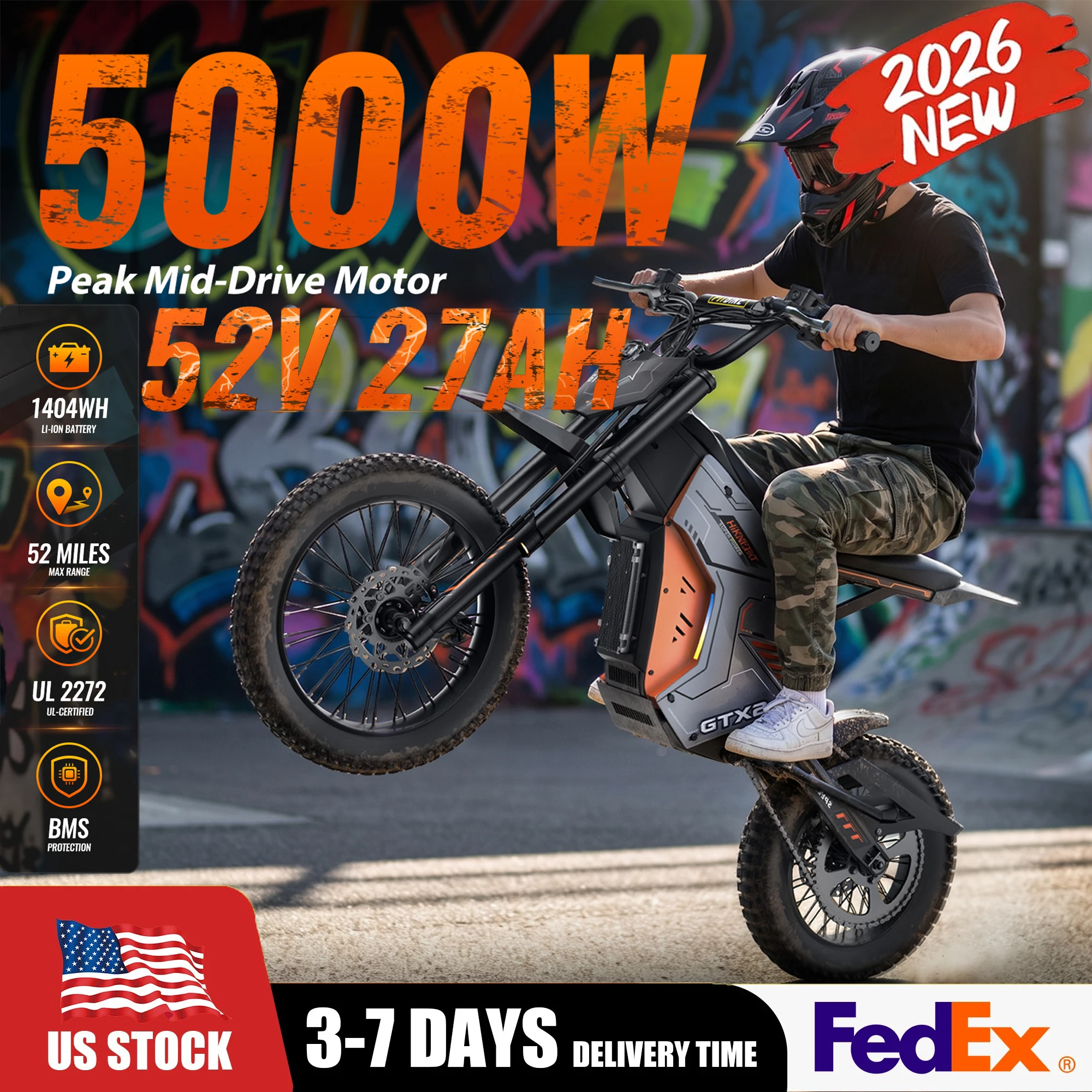 HIKNIGHT GXT2 GTX1 5000W 4000W Peak Youth Electric Off Road Bicycle, Mid Mounted Motor, 52V 27Ah Detachable Battery, 45MPH, 52 Mile Range, Full Suspension Off Road Electric Motorcycle