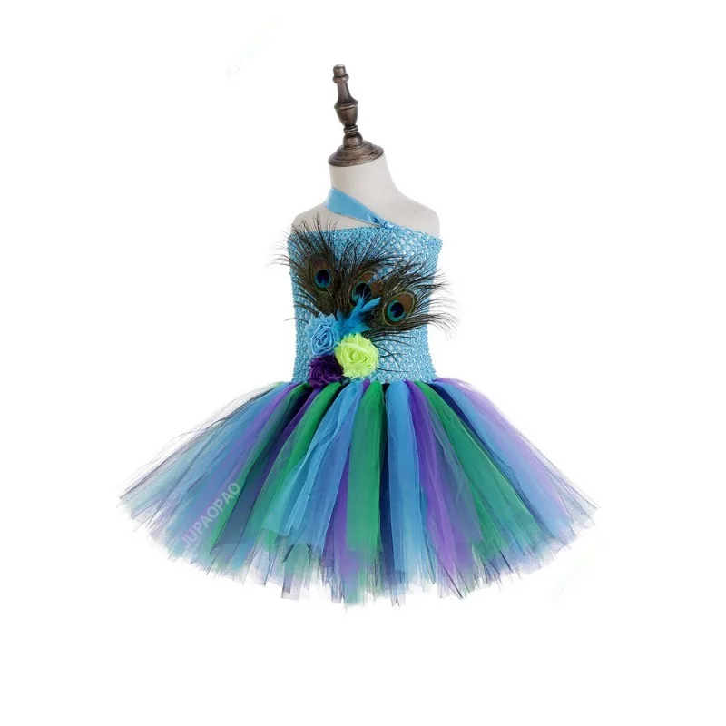 Flower Feathers Girls Peacock Tutu Dress Kids Tulle Princess Peacock Costume for Girls Pageant Halloween Birthday Party Gown BC