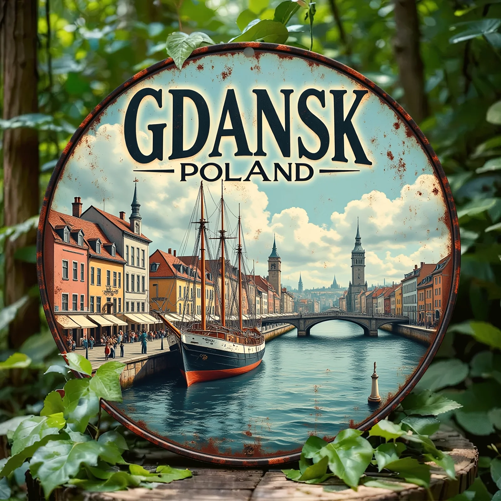 1PC Gdansk Poland Old Town River Round Metal Tin Sign, Retro European Travel Landscape Plaque, 2D Flat Wall Decor For Home Bar