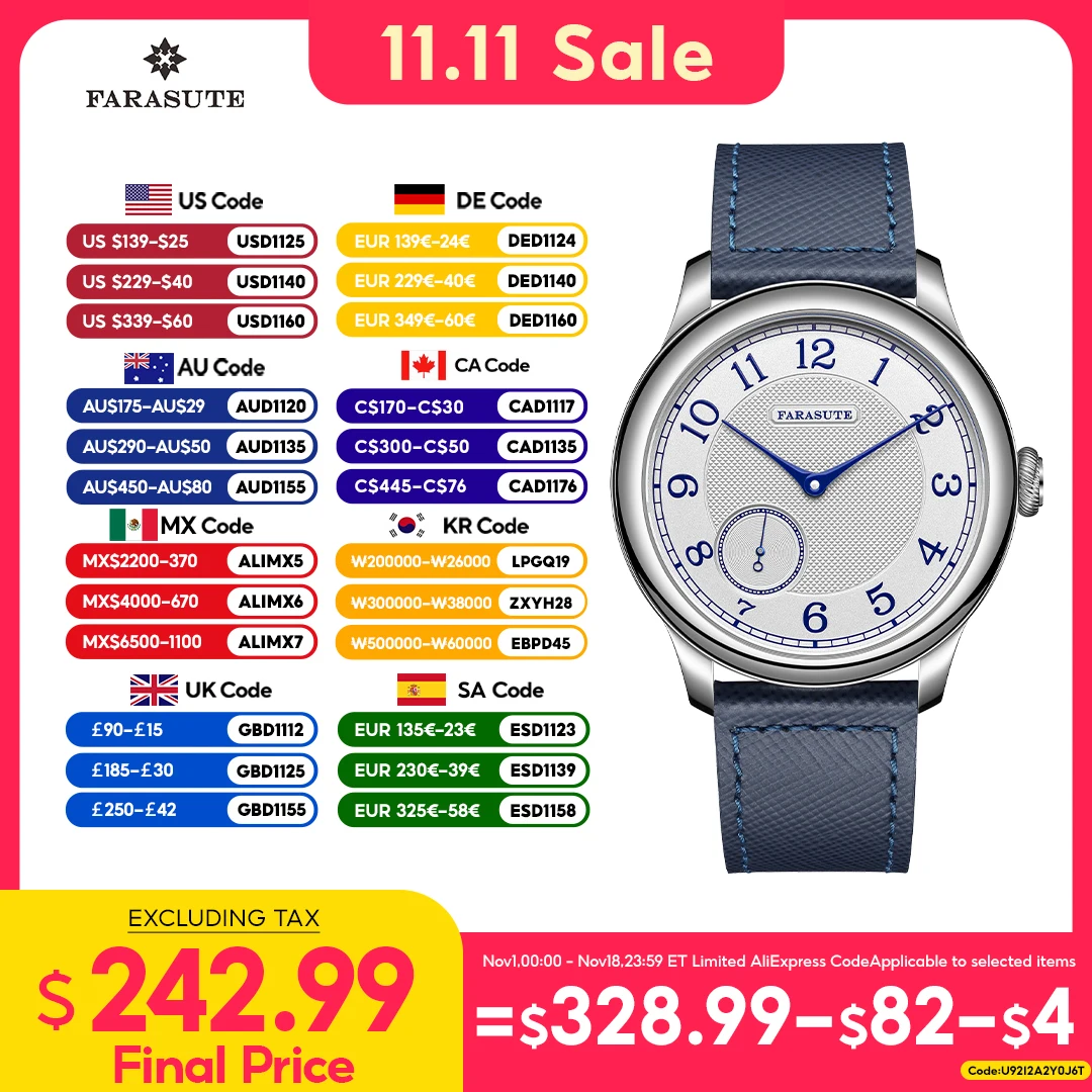 FARASUTE NEW Machinery Men Watch Salmon Dial St17 Manual Mechanical Watch Small Second Vintage Bonklip Bracelet
