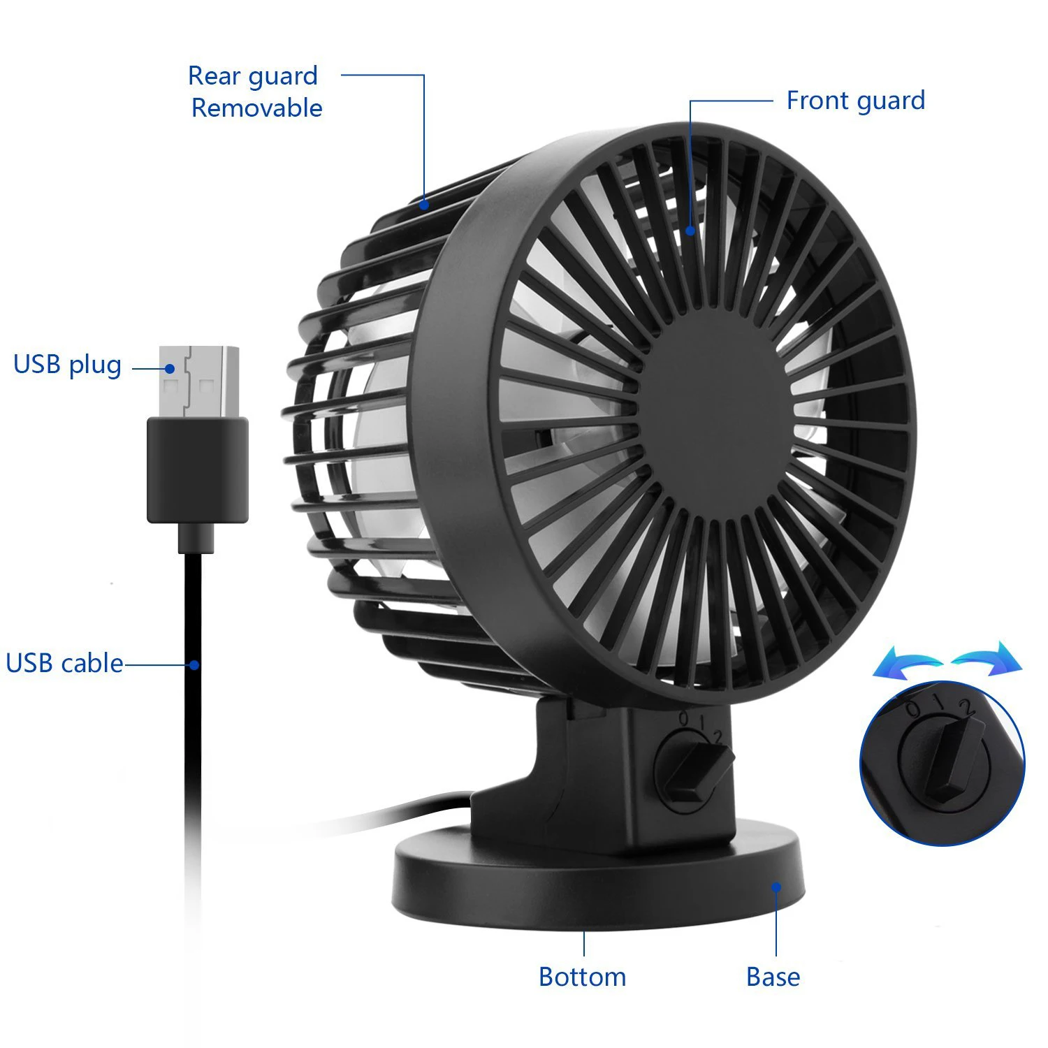 Pessoal Mini USB Fan, Noiseless Table Desk Fan, lâminas duplas, Home Office Desktop, preto, 2 engrenagens