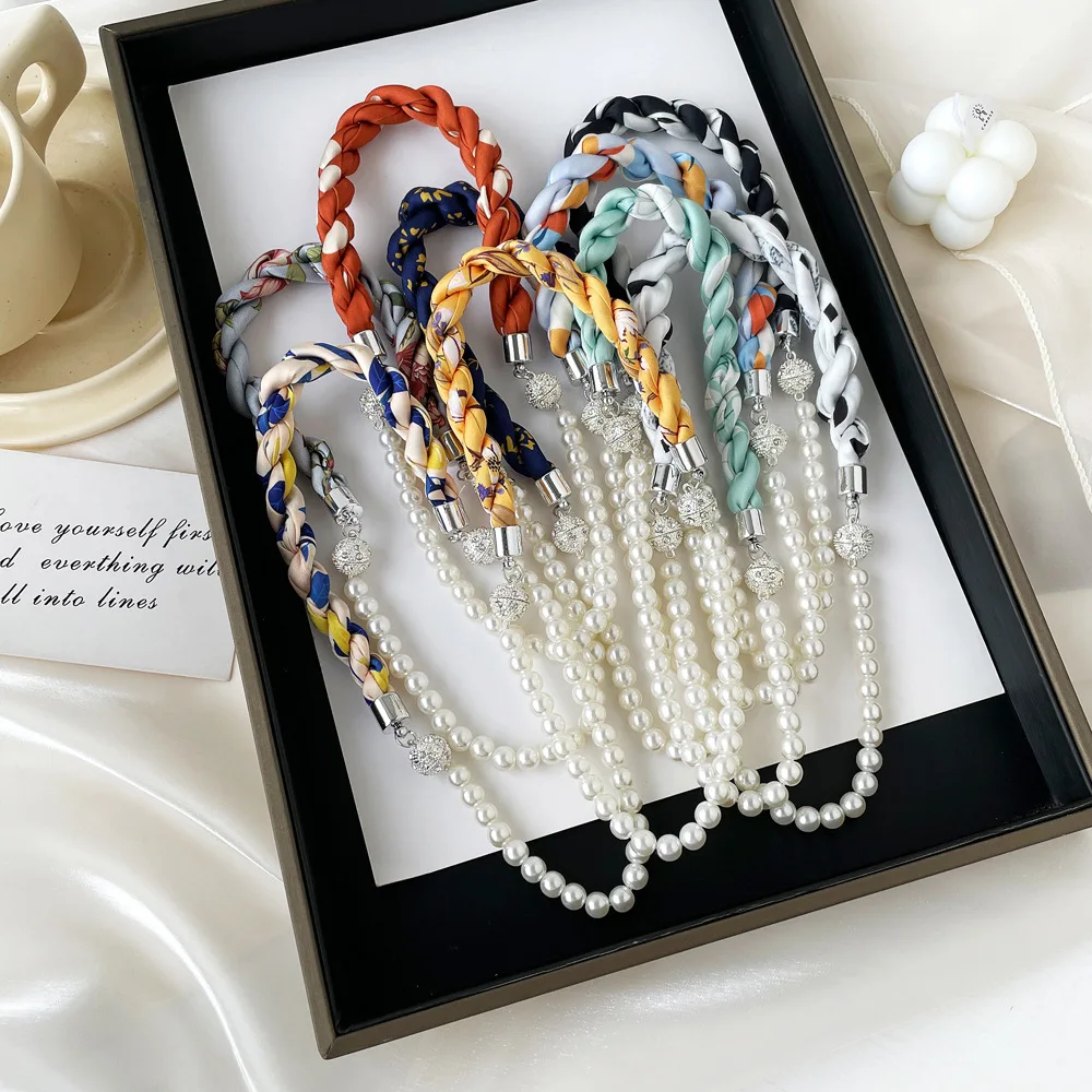 2024 Summer New Pearl Magnetic Buckle Necklace Silk Scarf Women's Pearl Niche High-end Bracelet Temperament Clavicle Scarf