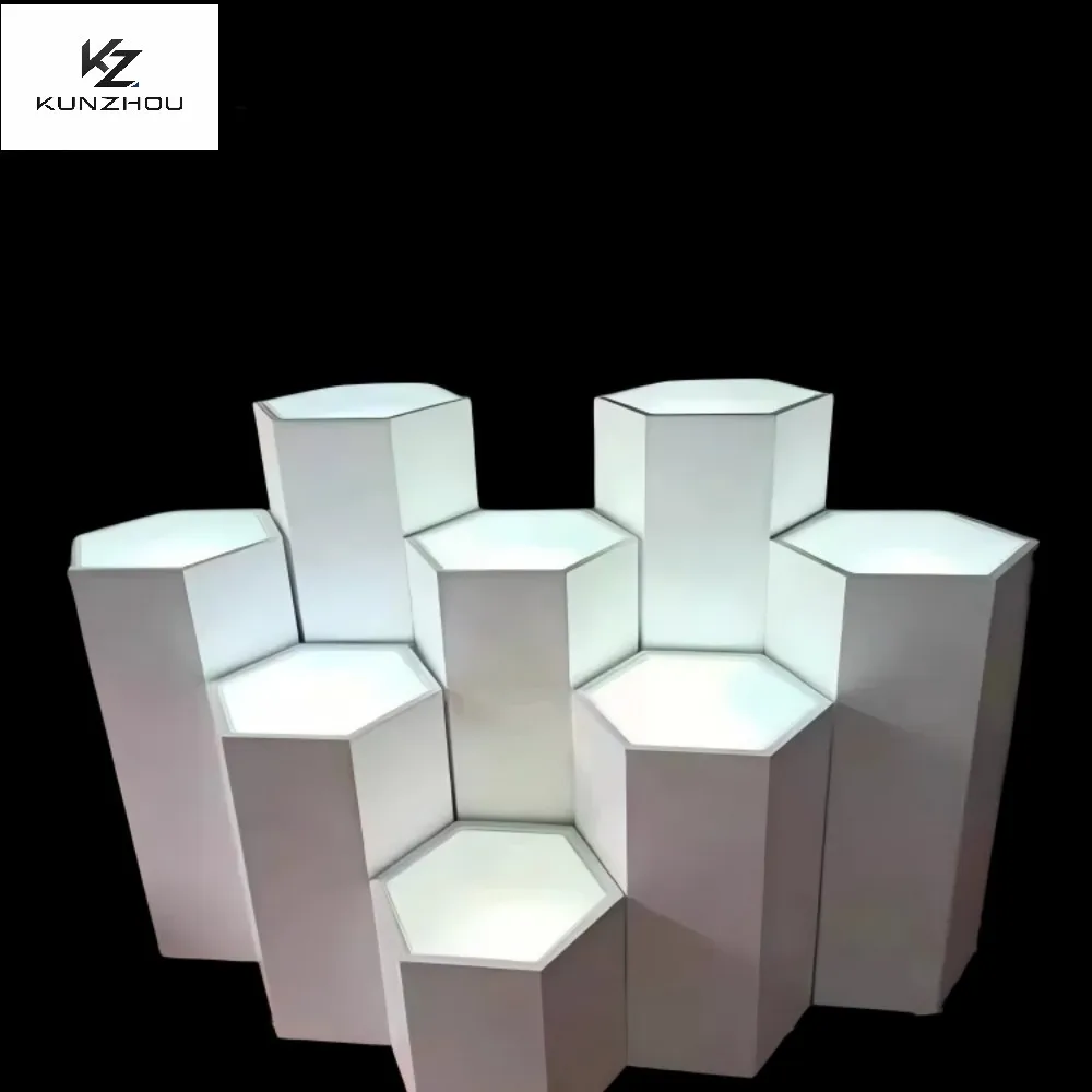Customized wooden exhibition hall dedicated display stand with luminous baking paint hexagonal display stand