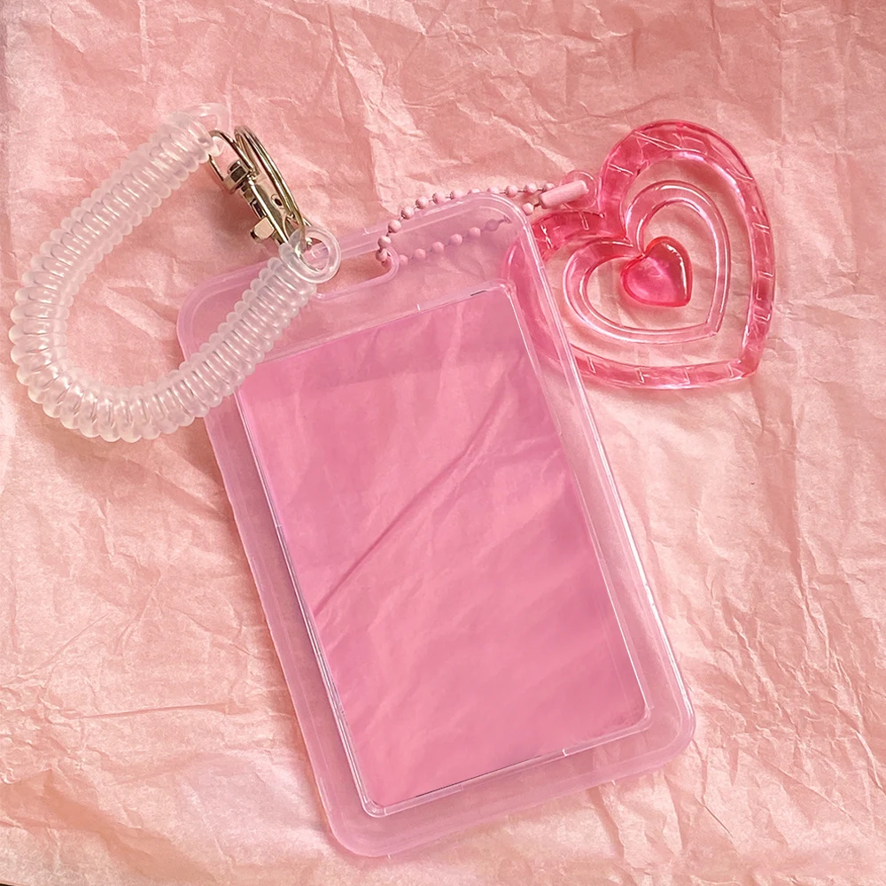 INS Pink Photocard Holder With Heart Pendant 3 Inch Idol Photo Card Holder Keychain Student Bus ID Credit Card Case Stationery