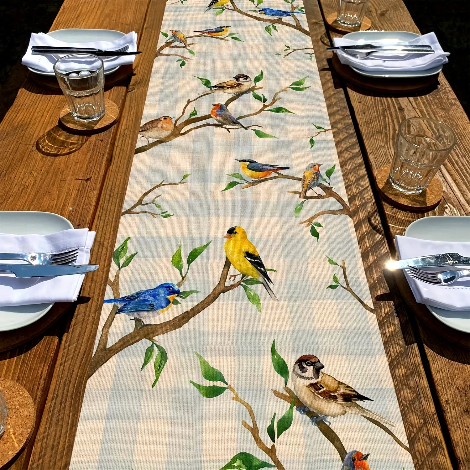 1pc, Spring Birds Tree Branches Table Runner, Buffalo Plaid Check Bluebird Robin Goldfinch Chickadee Home Kitchen Dining Decor,