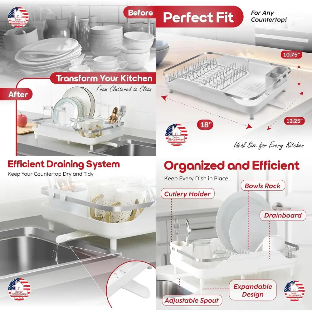 

Расширяемая полка для посуды из нержавеющей стали со сливной доской и съемным поддоном для столовых приборов, большая, белая, компактная для кухонной стойки