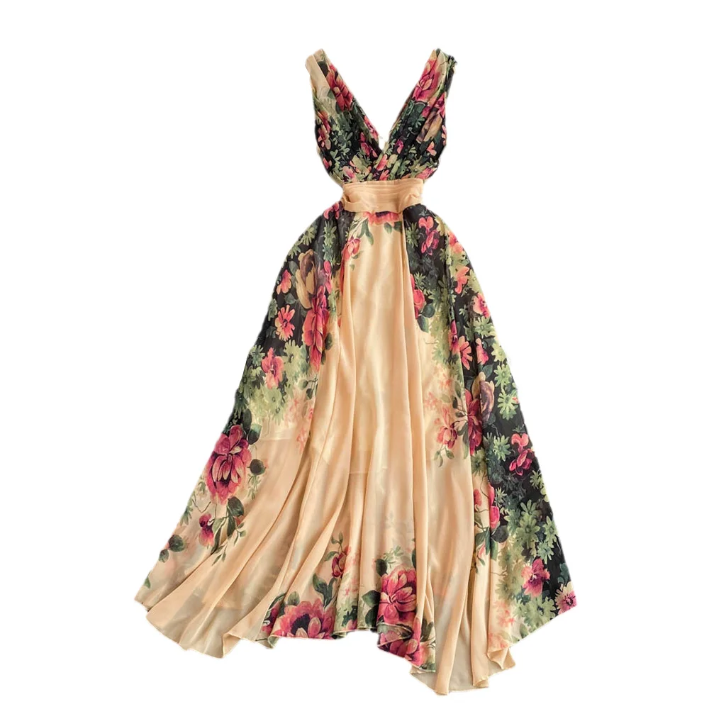 2024 Runway Floral Print Midi Long Dress Summer Women Sleeveless Vest Tank Chiffon Dresses Ladies