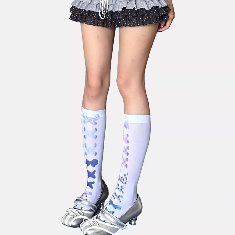 Japanese Style Cute Bow Tie Y2K Printed Women's Mid-Calf Socks Autumn New Sweet Versatile Age-Reducing Short Stockings Ladies