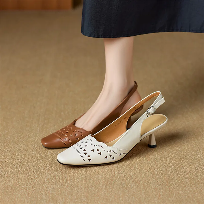 

New Summer Sandals Genuine Leather Shoes for Women Fashion Hollow Out Square Toe Shoes Women High Heel Ladies Shoes Zaptos Mujer