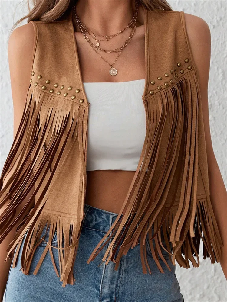 Women Vintage Sleeveless Faux Suede Fringe Vest Rivets Leather Western Boho Tassel Jacket Open Front Hippie Cardigan