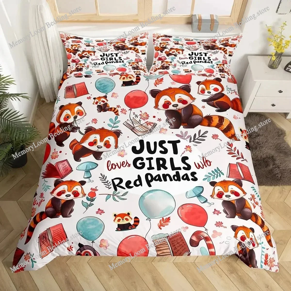 Cute Red Panda Duvet Cover King Size,Pink Love Stars Bedding Set Kawaii Cartoon Animals Comforter Cover Girly Sweet Quilt Cover